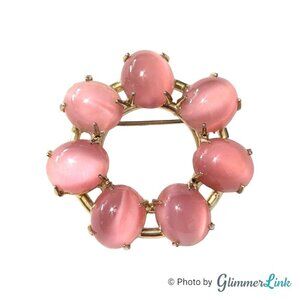 Vintage Wreath Pink Moonglow Glass Cabochon Gold Tone Brooch Pin